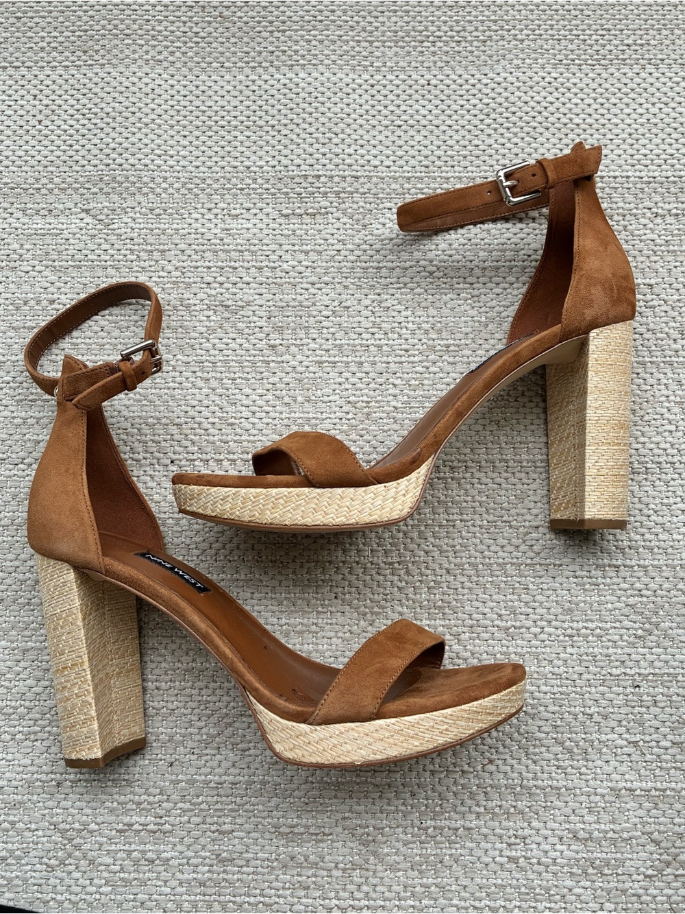 Nine West Suede Ankle-Strap Platform Heels in Brown and Natural